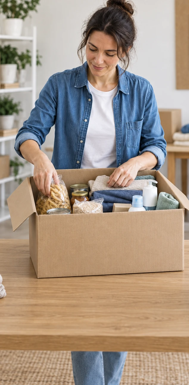 Volunteer preparing an aid box with essential supplies for families