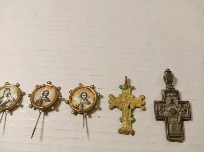 Old religious badges mini icons with built-in lithography and two old crosses