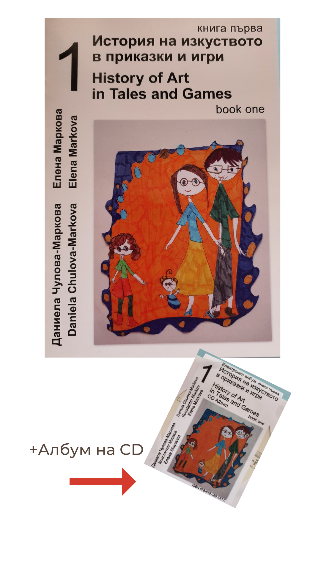Книга със заглавие История на изкуството в приказки и игри, част 1, придружена от албум на електронен носител. На корицата е изобразен семеен ортрет - детска рисунка. 