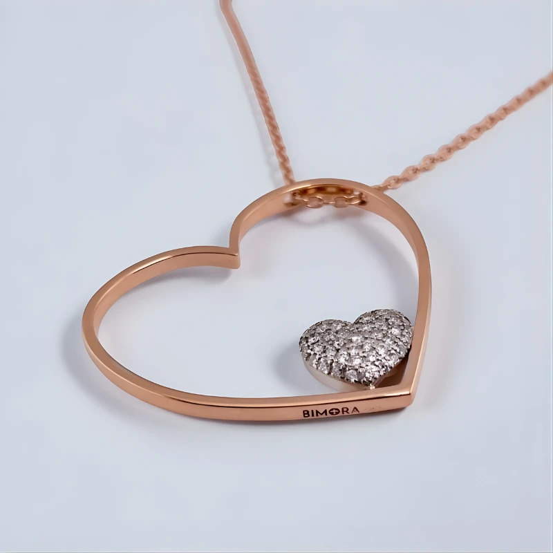 Дамска Висулка сърце от 14 карата розово и бяло злато с  диаманти, персонален подарък от Bimora