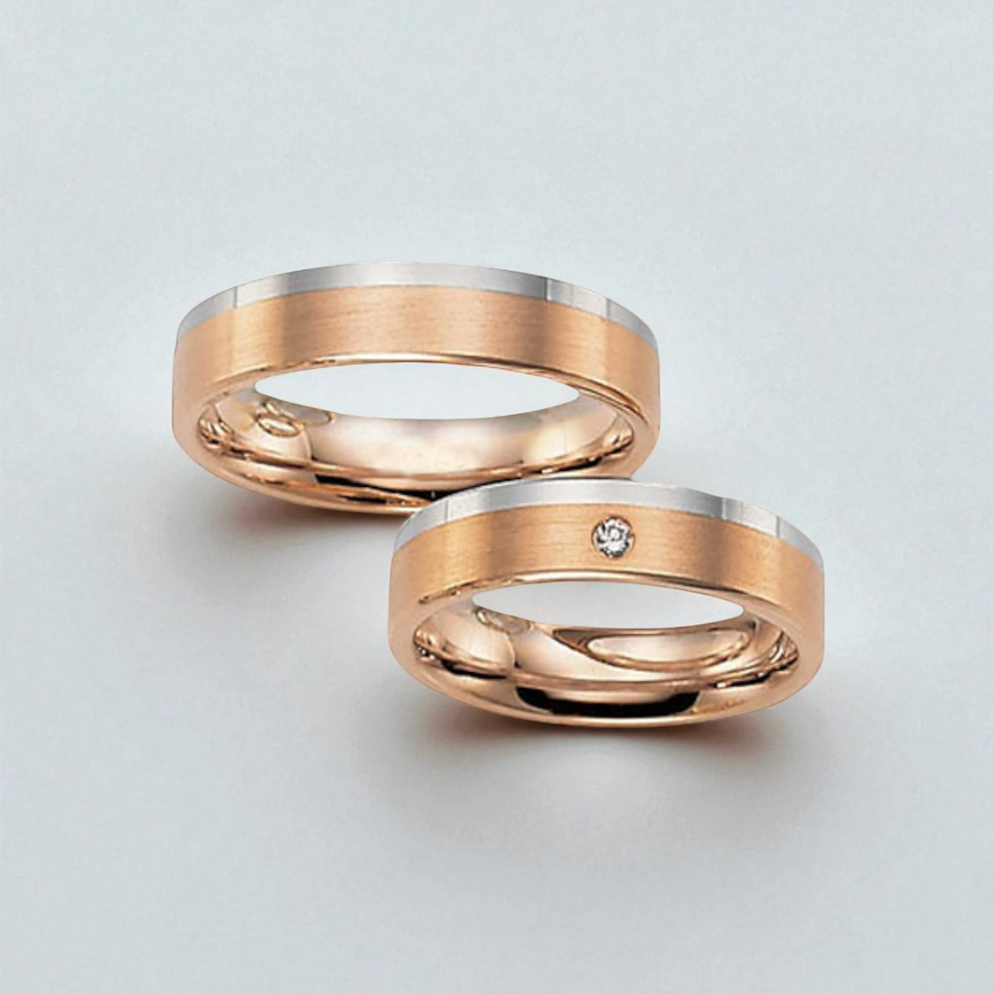 Ръчно изработени брачни халки 14 кт розово и бяло злато с диамант, ръчна изработка