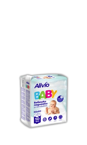 Супер абсорбиращи, бебешки подложки за преповиване ALIVIO - размер 60x60 - 10 броя в пакет