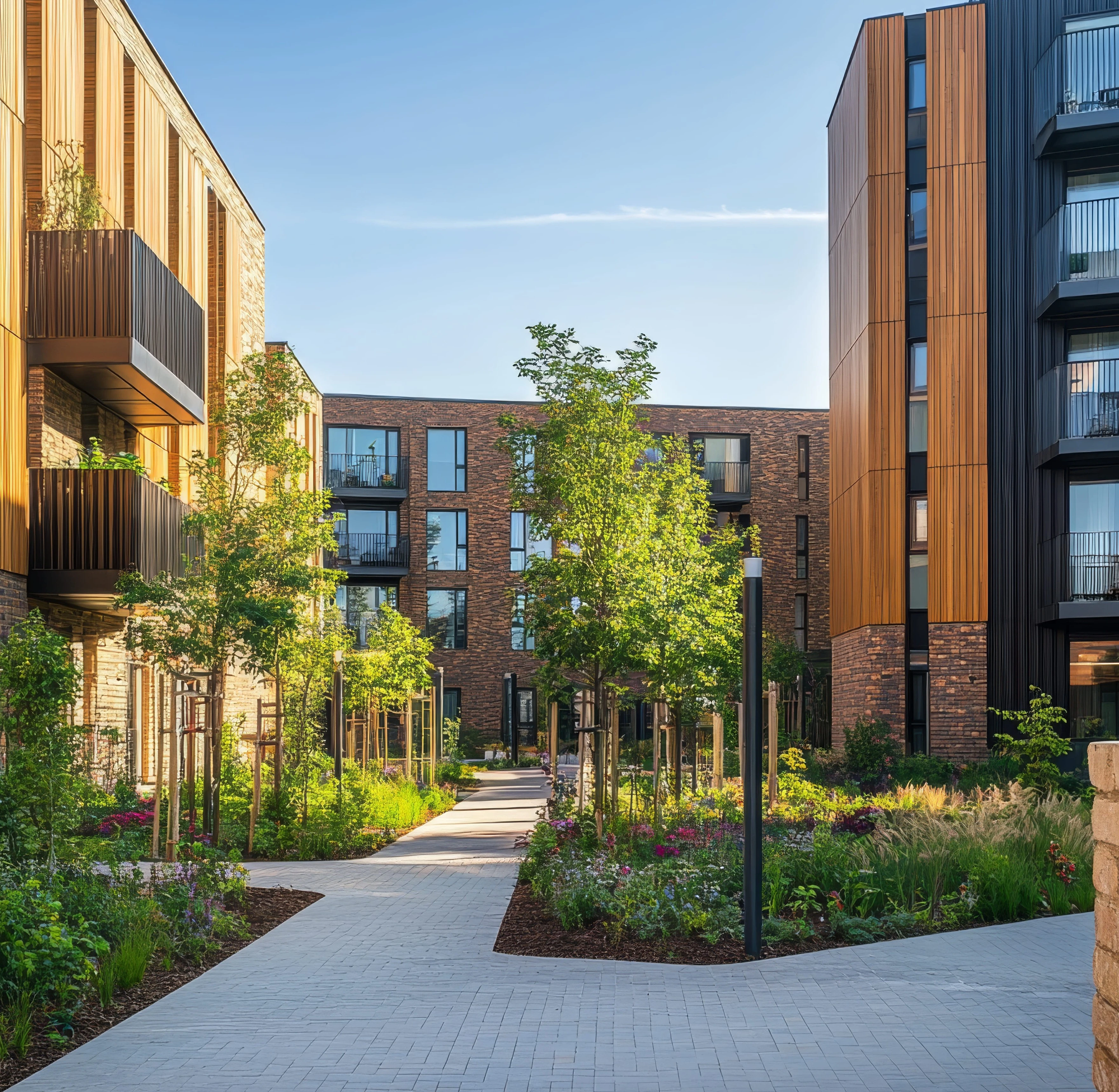 Модерен жилищен комплекс с поддържан вътрешен двор – чиста пътека, озеленяване и уютна среда, каквато професионален домоуправител DJ осигурява за вашата етажна собственост на domoupravitel.site.