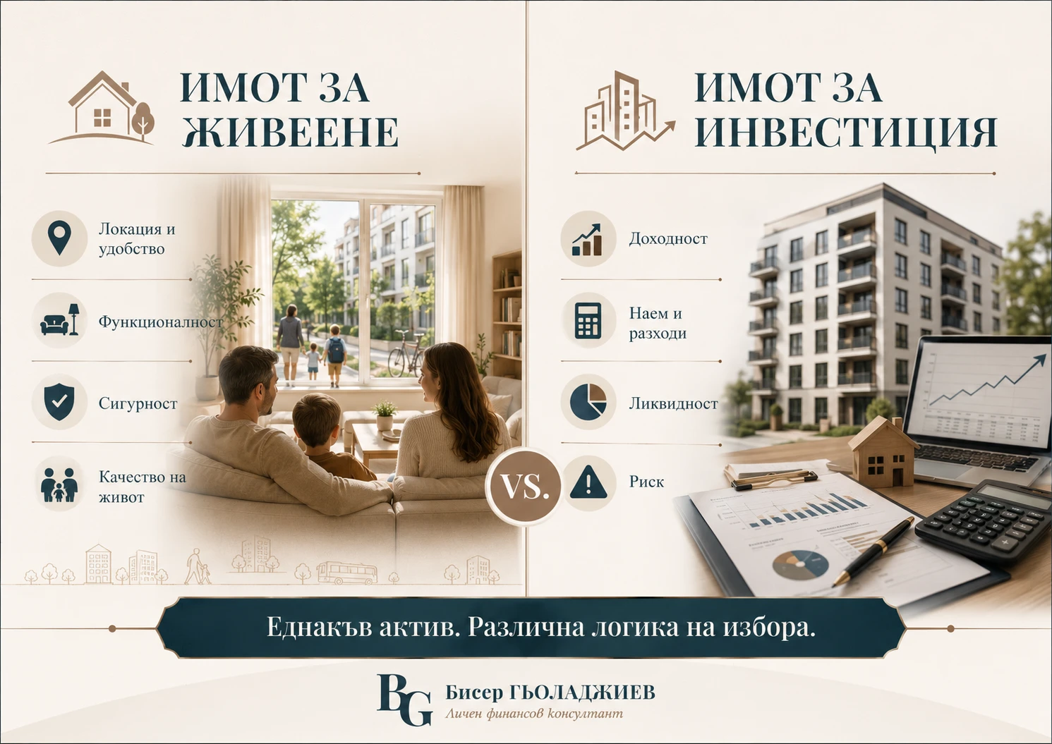 Сравнение между имот за живеене и инвестиционен имот според местоположение, функционалност, доходност, разходи, ликвидност и риск