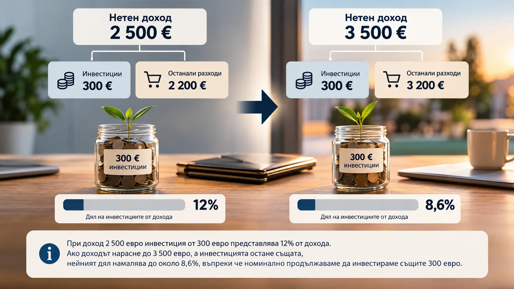 Сравнение на месечна инвестиция от 300 евро при доход 2 500 евро и 3 500 евро, показващо как делът на инвестициите намалява от 12% на 8,6% при непроменена вноска.