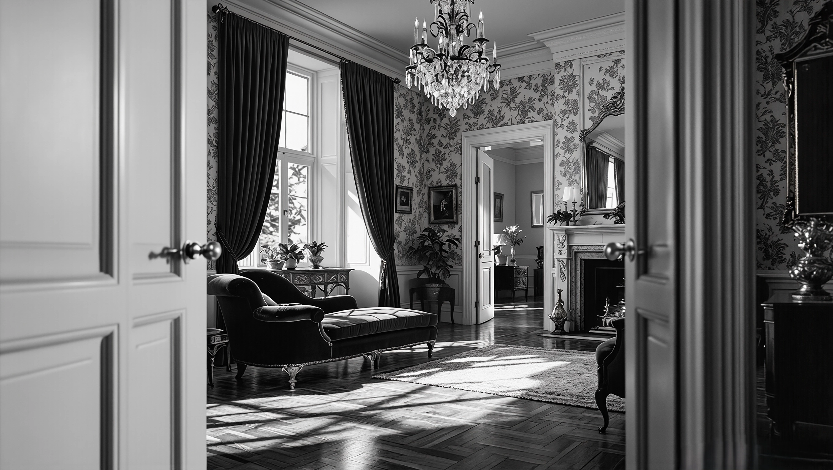 A Victorian parlor seen through an open door, symbolizing the private home that 19th-century law and the "rule of love" doctrine refused to enter, turning domestic privacy into a shield for husbands who beat their wives