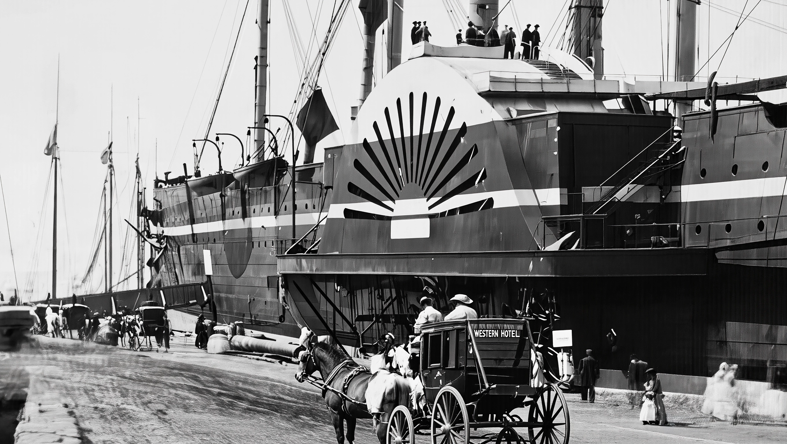 A mid-19th-century ocean steamship evoking Isaac Singer's flight from New York to England after the 1860 bigamy scandal, where he rebuilt his fortune at a 115-room mansion in Paignton, Devon