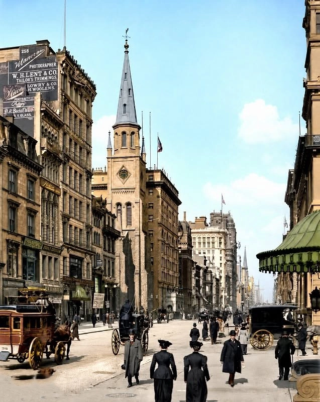 Fifth Avenue in New York around 1860, the public street where Isaac Singer's two concealed families collided in broad daylight when Mary Ann Sponsler saw him with another woman, leading to the assault and his arrest