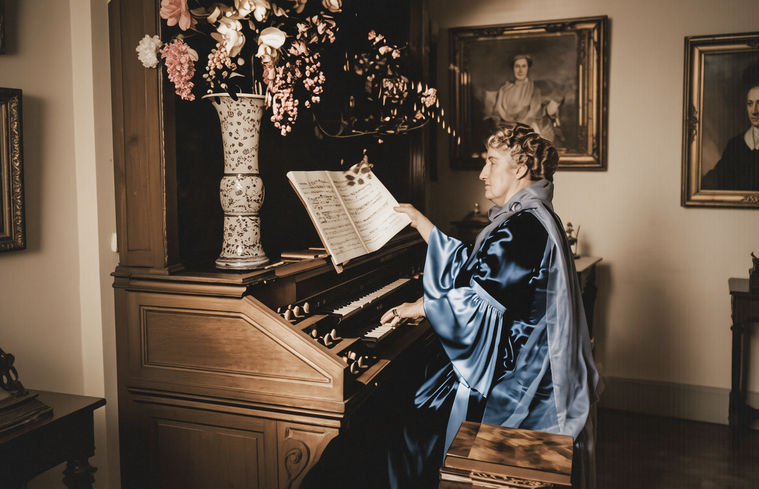 The Princesse de Polignac at her harmonium in her later years, probably the early 1930s. A working musician to the end, she studied each commissioned manuscript at the keyboard before it premiered in her salon. Behind her, the family portraits her father's fortune purchased the right to hang alongside.