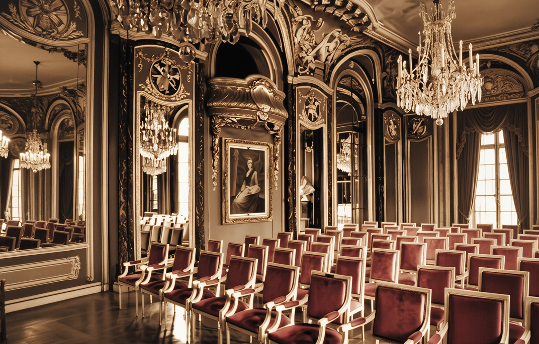 The music salon of the Princesse de Polignac in her Paris hôtel particulier on avenue Henri-Martin. Velvet chairs are set in concert rows; the painting on the back wall is the hostess herself — Winnaretta Singer, daughter of Isaac Merritt Singer. Here, in the first decades of the twentieth century, premiered works by Stravinsky, Satie, Ravel, Poulenc, Milhaud, and Tailleferre.