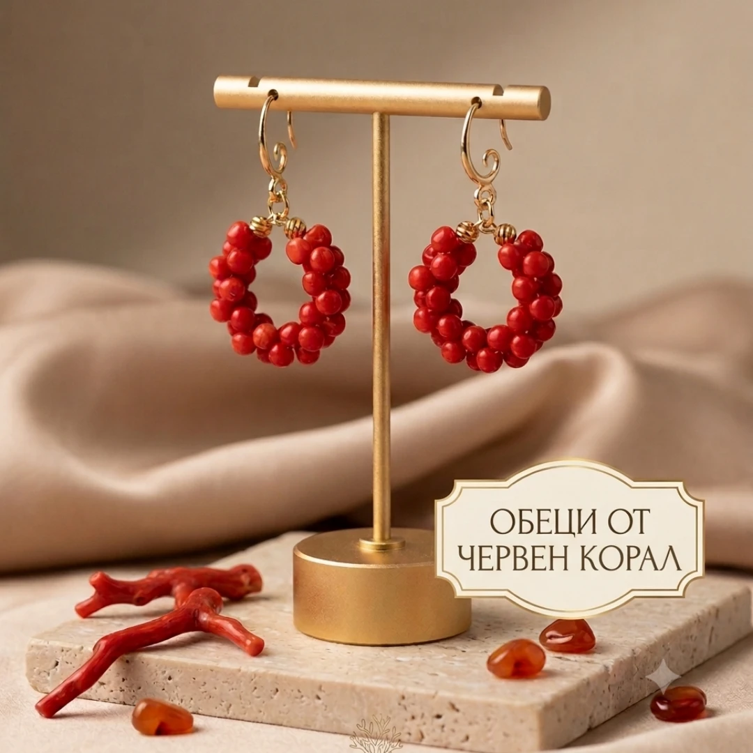 Висящи и не много дълги обеци с минерал - червен корал и окачване - позлата. Купи само в Галерия 23.