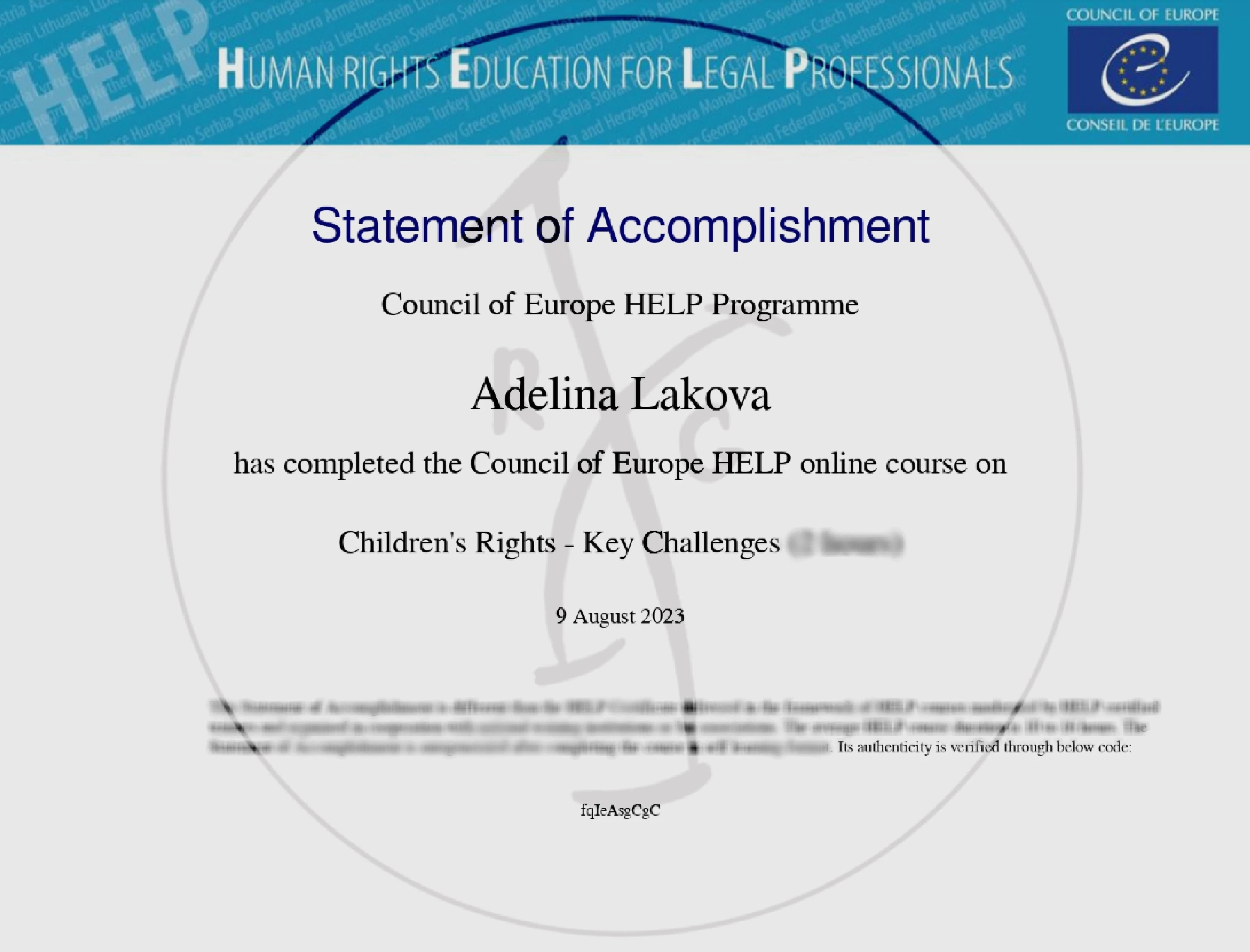 Технически сътрудник Аделина Лакова посети курс на програмата Human Rights Education for Legal Professionals на Съвета на Европа