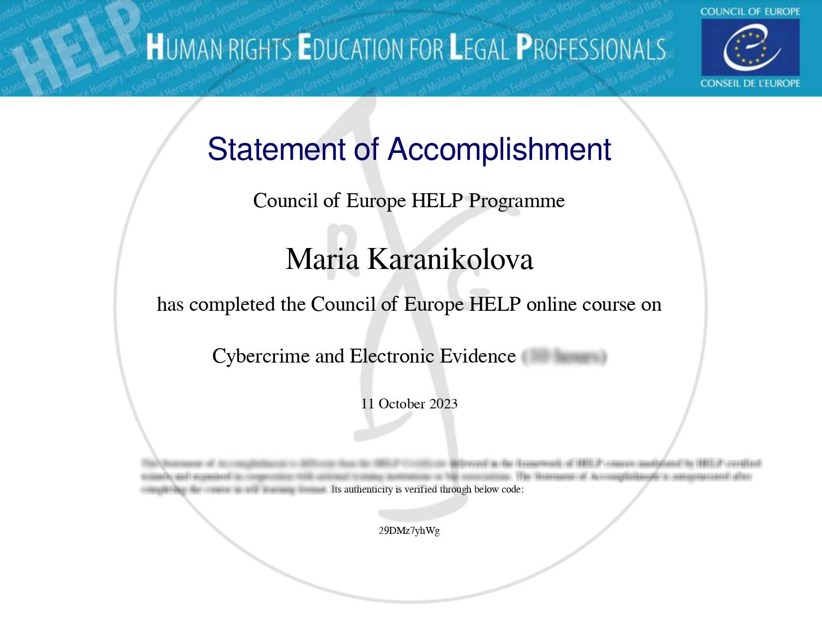 Адвокатски сътрудник Мария Караниколова премина курс на програмата Human Rights Education for Legal Professionals на Съвета на Европа