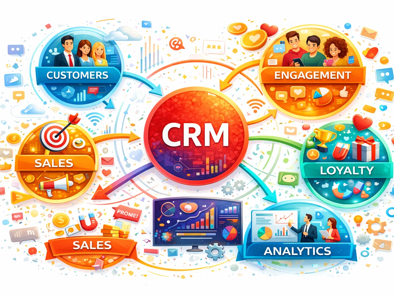 Images with different signs - CRM, Promo! Sale! Interactions, Behaviour, Engagement