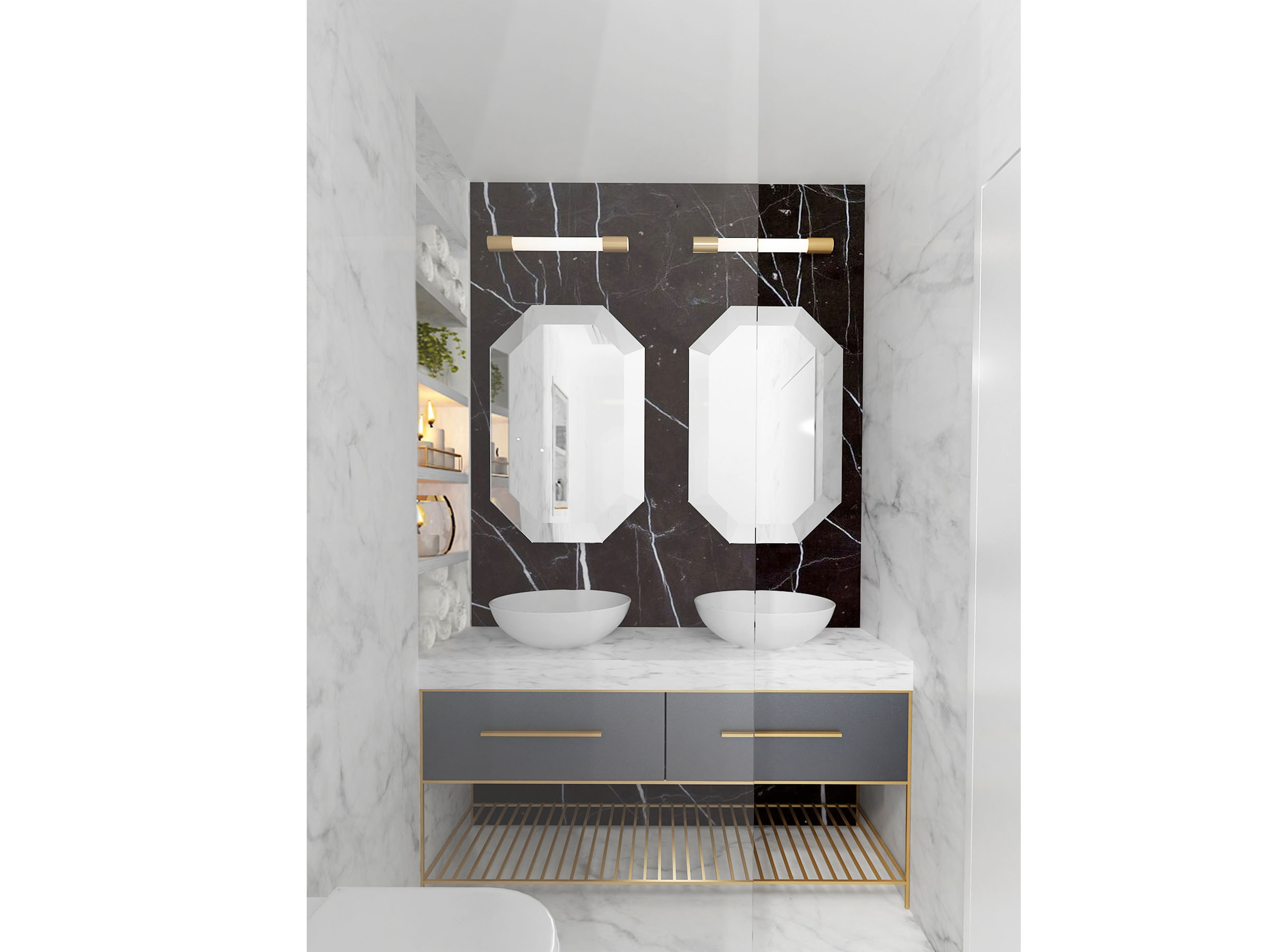 Contemporary master bathroom in black and white marble, hexagon mirrors and a set of bathroom sinks