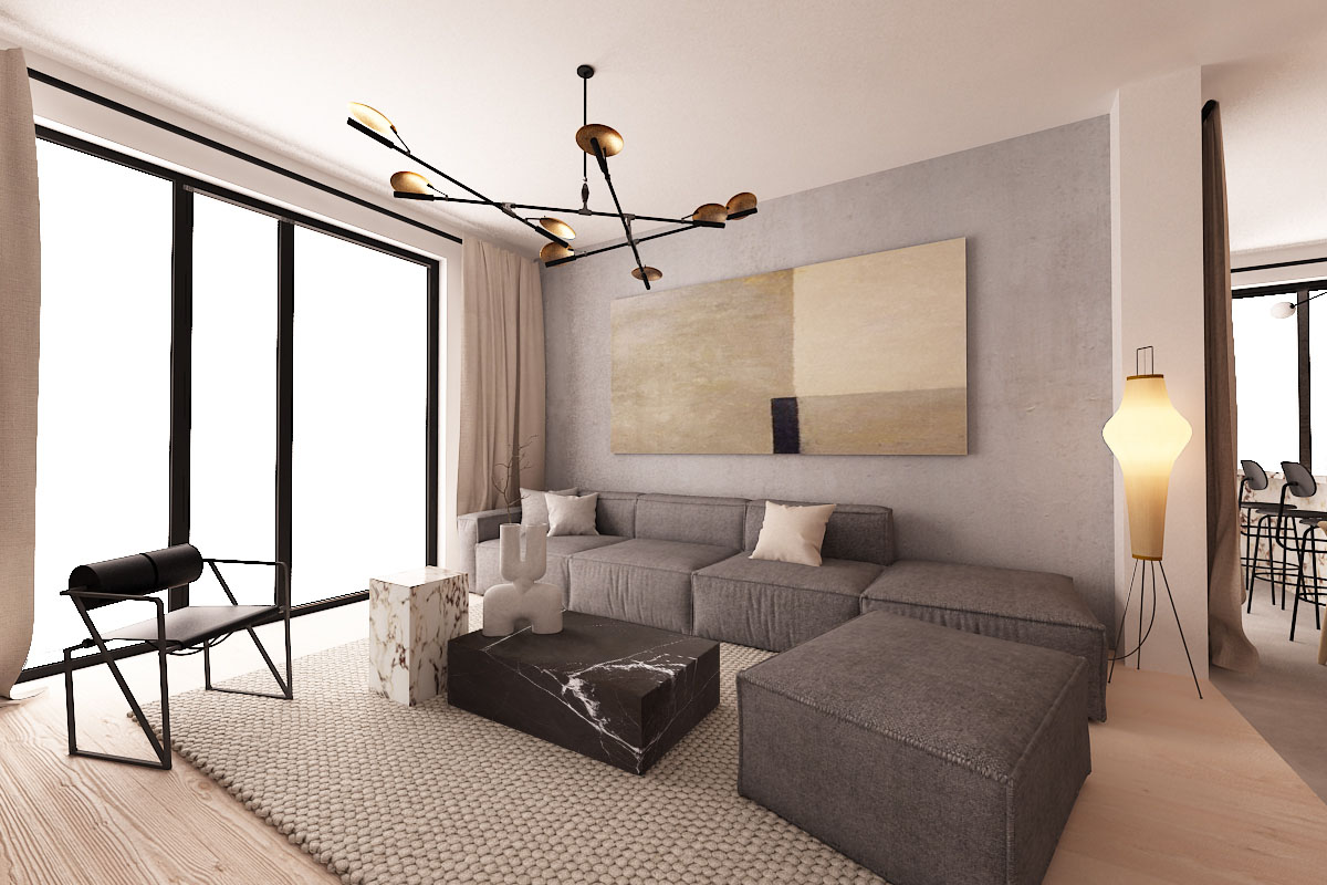 Modern living room with classic molding in contrasting color, blue couch and detailed ceiling in Kensington, London 