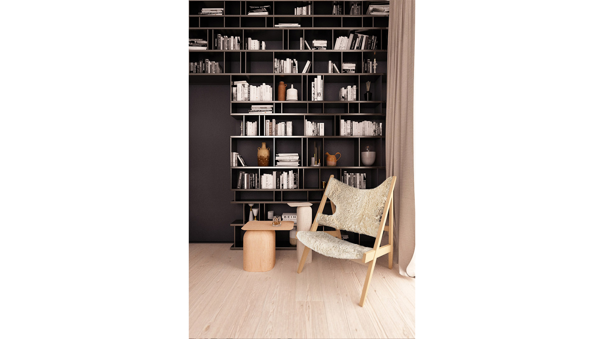 A modern home library in black metal, with a lambskin knitting chair from Menu and Nikari April tables.