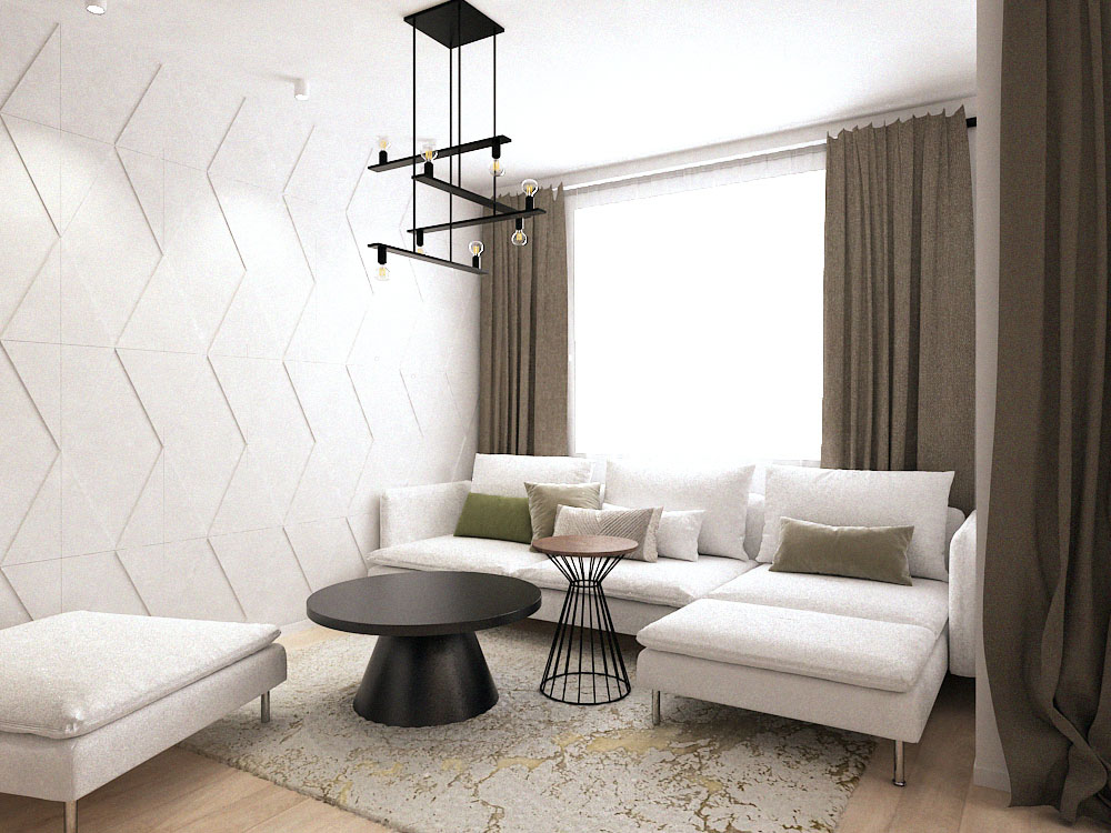 Scandinavian Design Apartment Scandinavian design living room in neutral colors, with wooden details and yellow accents