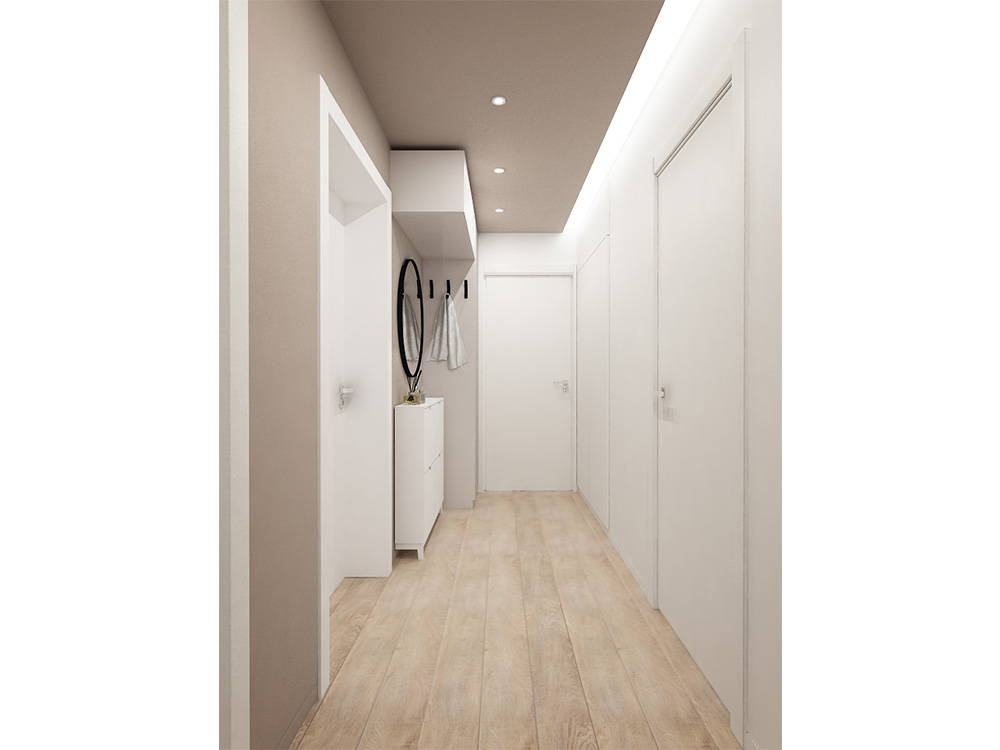 Chic Corridor A functional corridor with beige walls and a strip of built-in LED lights separating the opposite wall in a different color