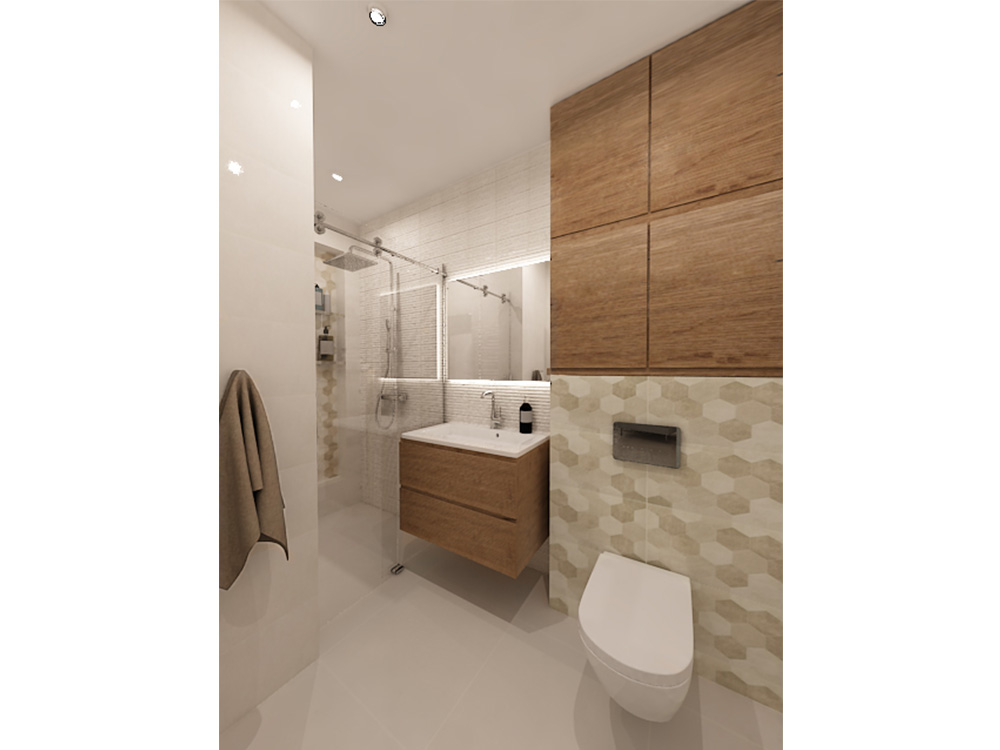 Simplistic Bathroom A simplistic bathroom in neutral colors and wooden cabinets