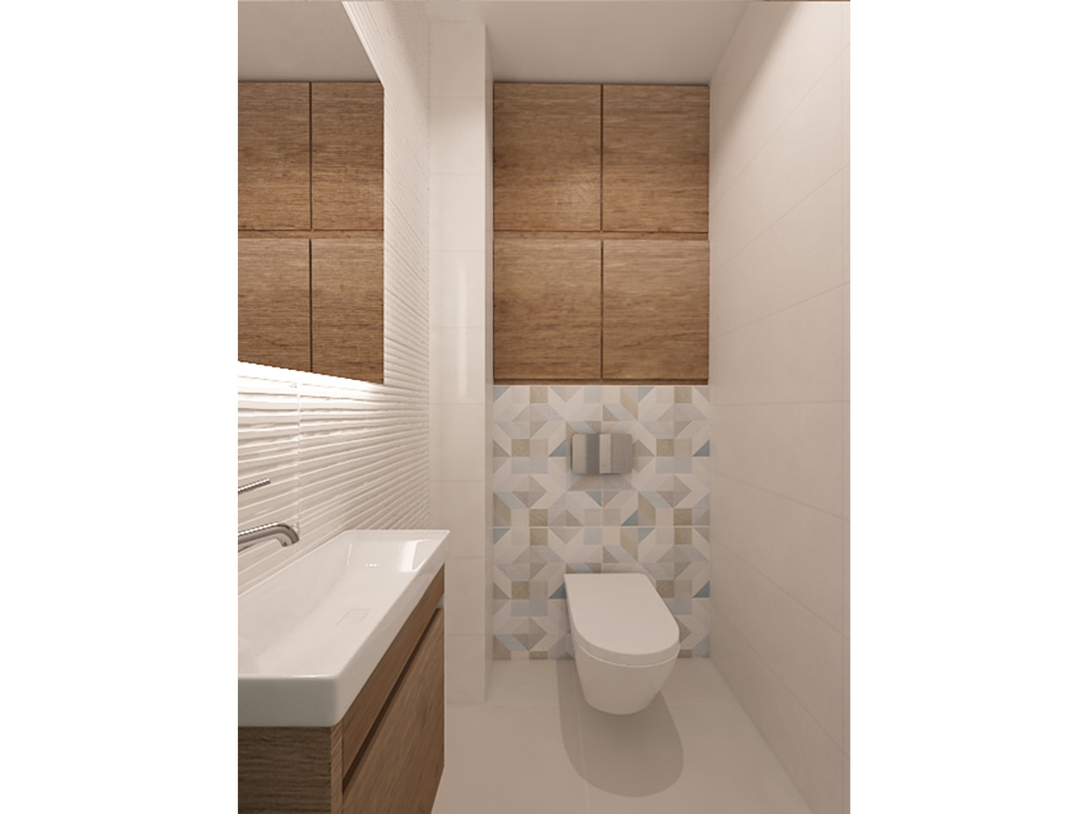 Small Simple Toilet Simple bathroom with a wooden cabinet over the toilet.