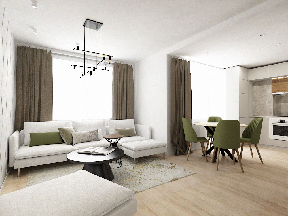 A chic, yet minimal living and dining room in neutral beige and grey colors with a touch of green