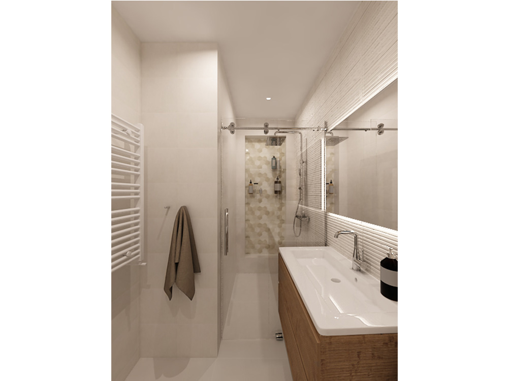 Simplistic Bathroom A simplistic bathroom in neutral colors and wooden cabinets