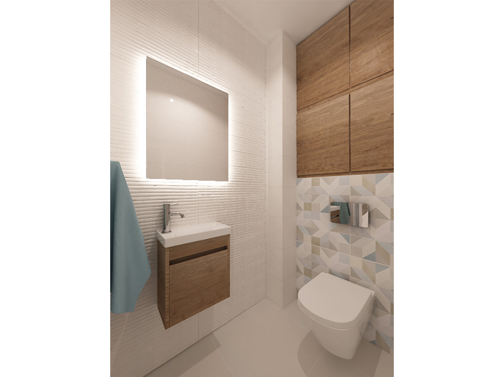 Simple bathroom with a wooden cabinet over the toilet and a LED backlit mirror.