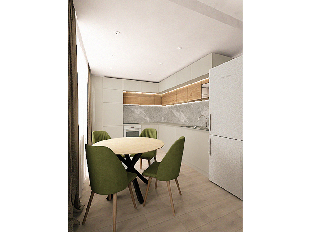 Chic Minimal Kitchen and Dining Room A chic, yet minimal kitchen with a circular dining table in neutral beige and grey colors with a touch of green