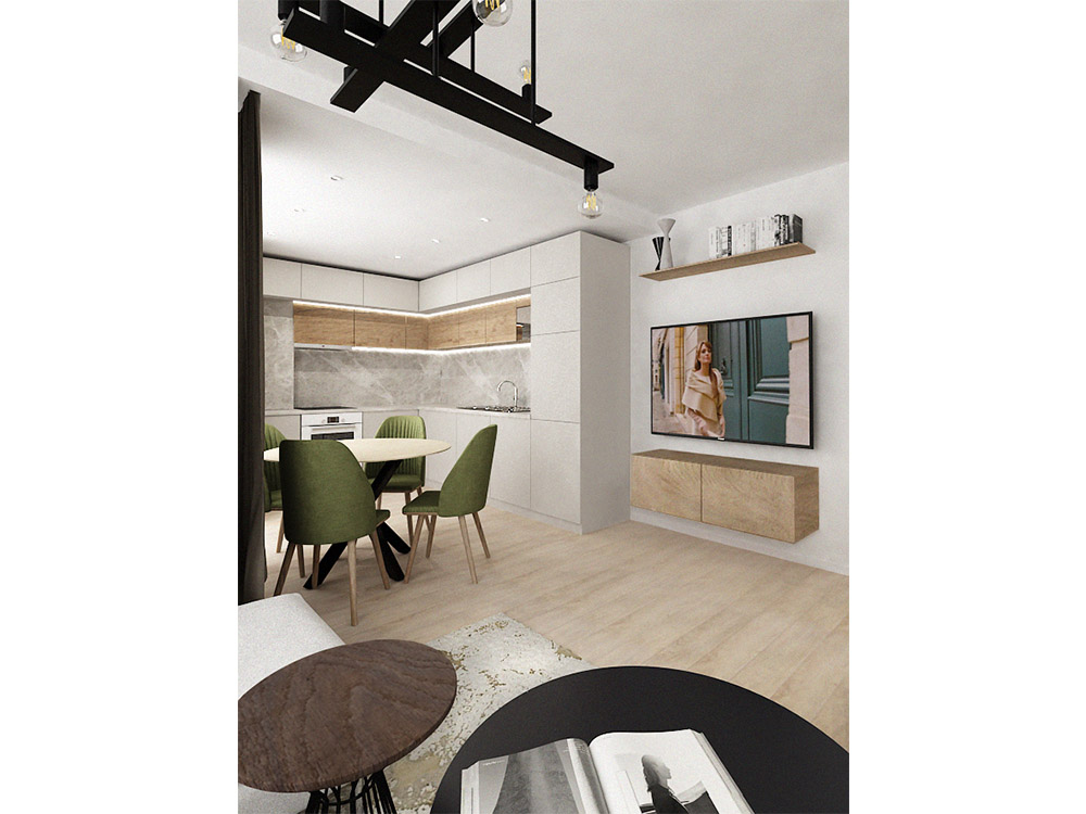 Chic Minimal Kitchen and Dining Room A chic, yet minimal kitchen with a circular dining table in neutral beige and grey colors with a touch of green