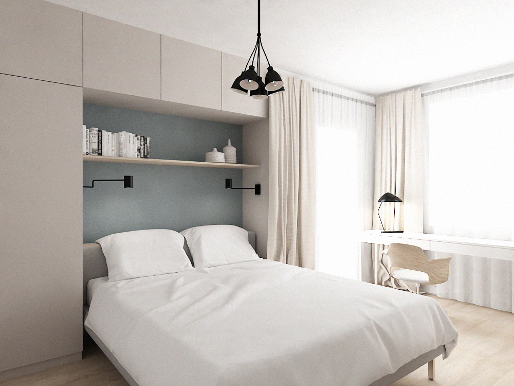 Chic minimal bedroom with functional built-in cabinets around the bed in neutral beige colors and a touch of light blue.