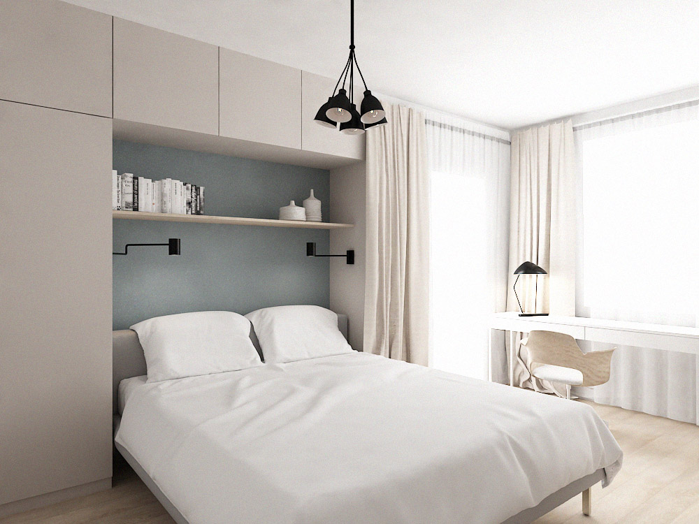 Chic Minimal Bedroom in Beige and Light Blue Chic minimal bedroom with functional built-in cabinets around the bed in neutral beige colors and a touch of light blue.