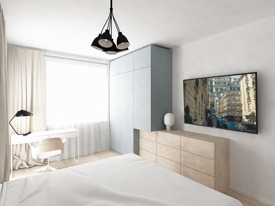 Chic minimal bedroom with a desk and bespoke wardrobe in neutral beige and light blue color