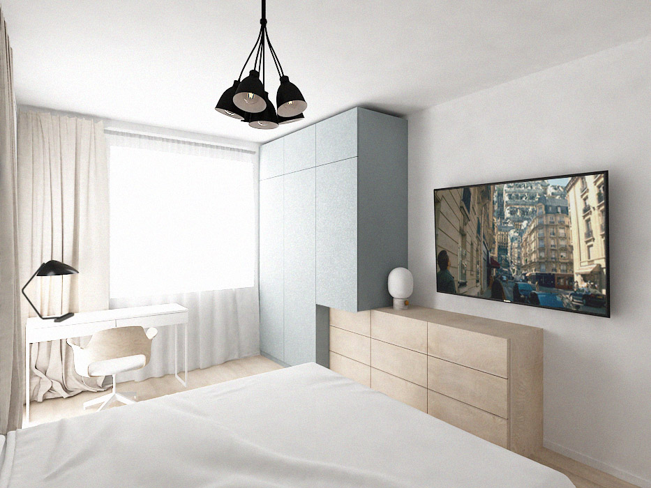 Chic Minimal Bedroom in Beige and Light Blue Chic minimal bedroom with a desk and bespoke wardrobe in neutral beige and light blue color