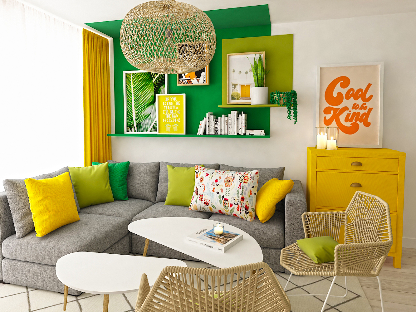 Cozy green living room in boho style with IKEA furniture and patio chairs