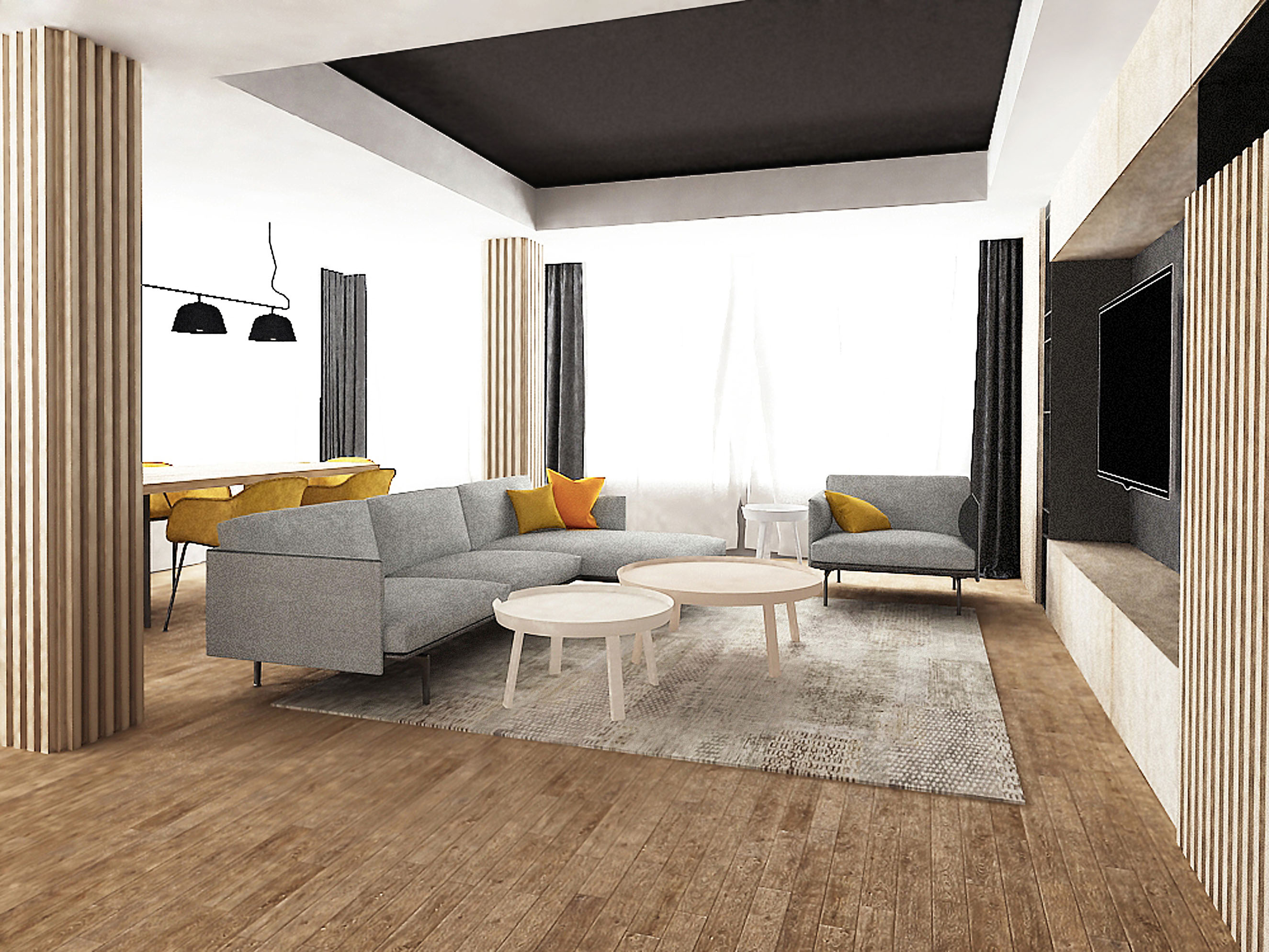Scandinavian design living room with wooden floor, wood paneling and neutral grey furniture with yellow details