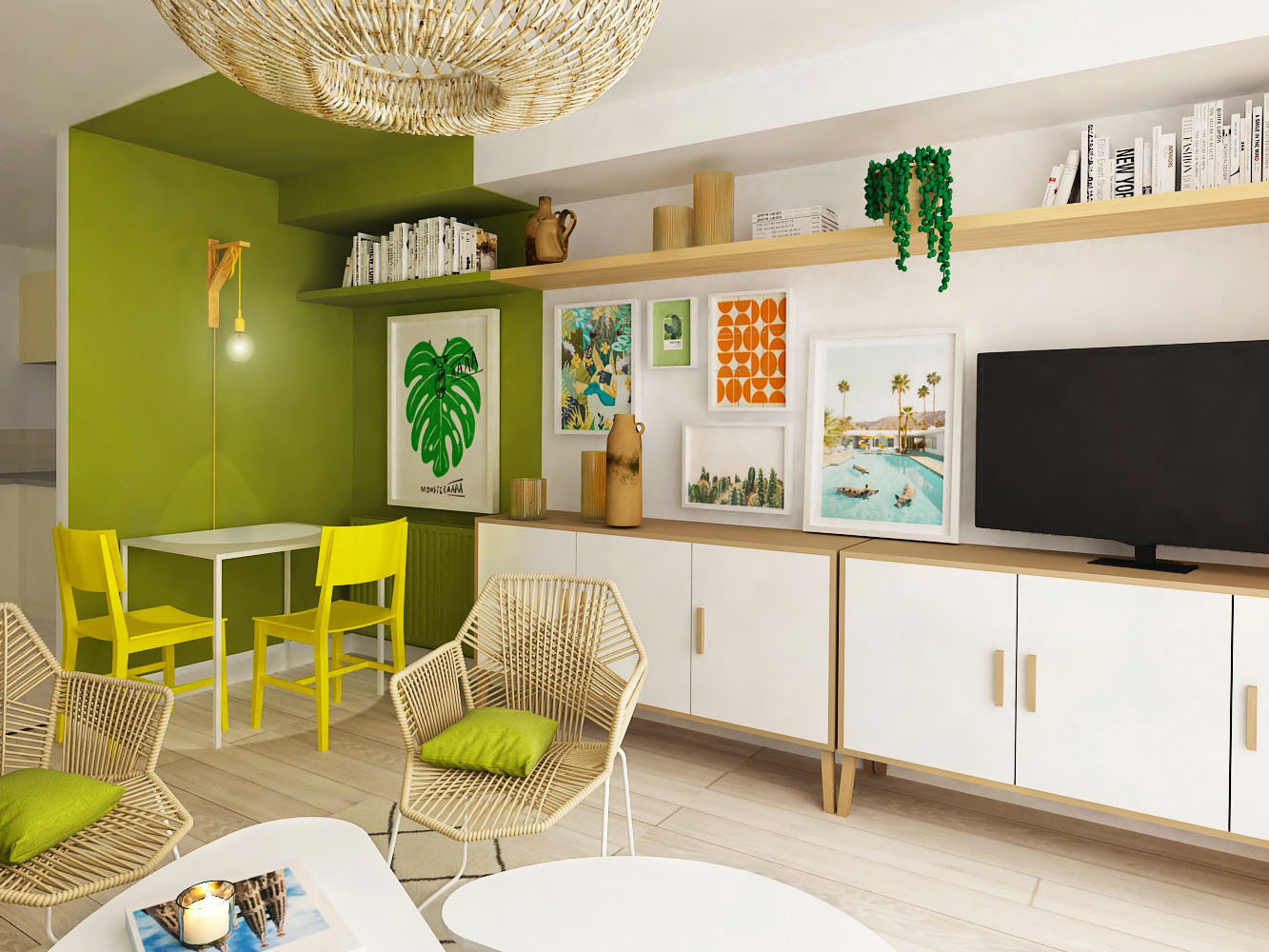 Tiny eating corner in green boho style living room with bright yellow chairs
