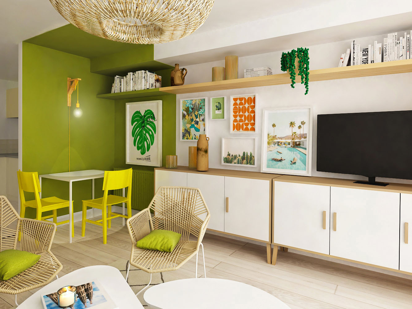 Green Living Room Tiny eating corner in green boho style living room with bright yellow chairs