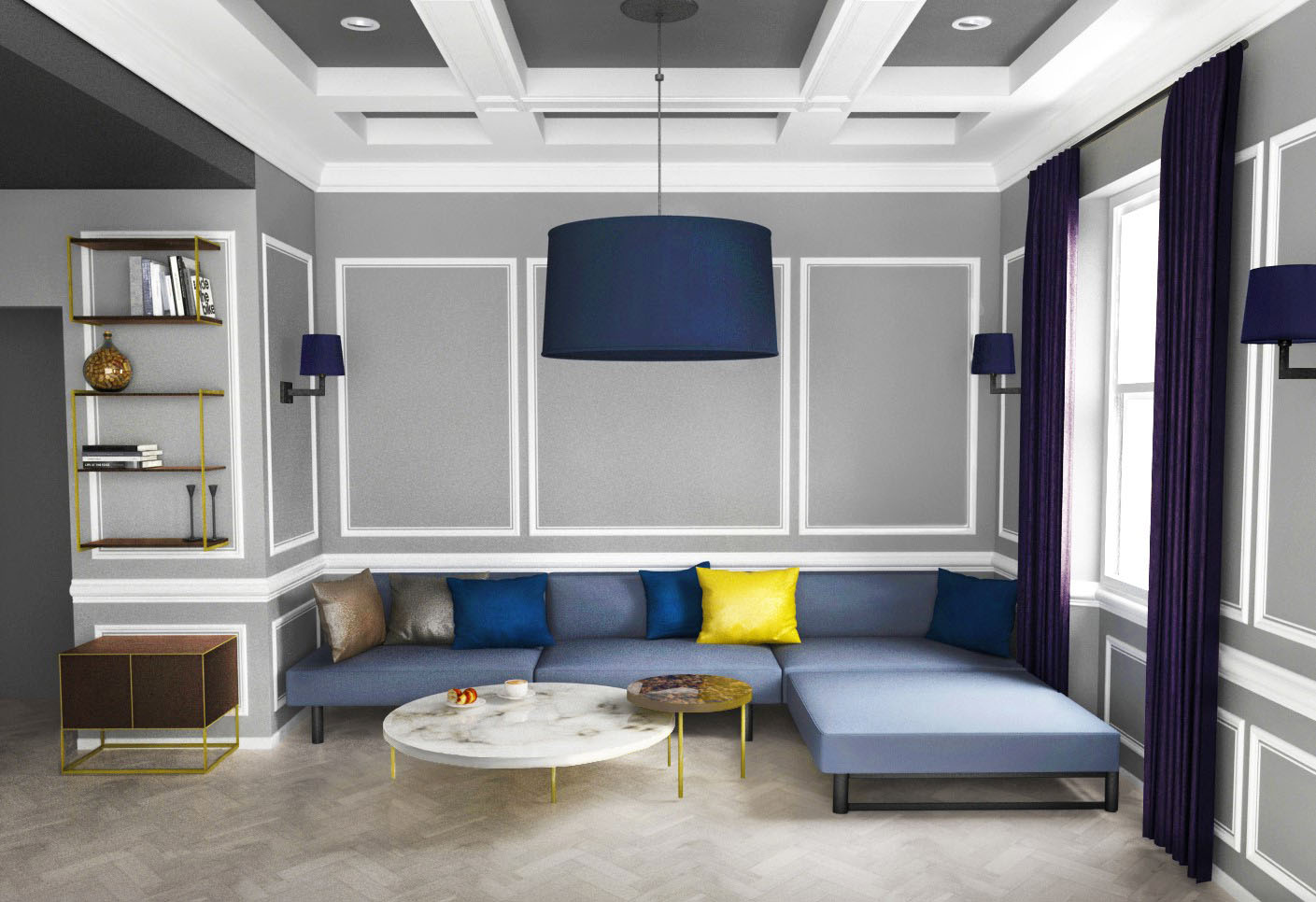 Modern living room with classic molding in contrasting color, blue couch and detailed ceiling in Kensington, London 