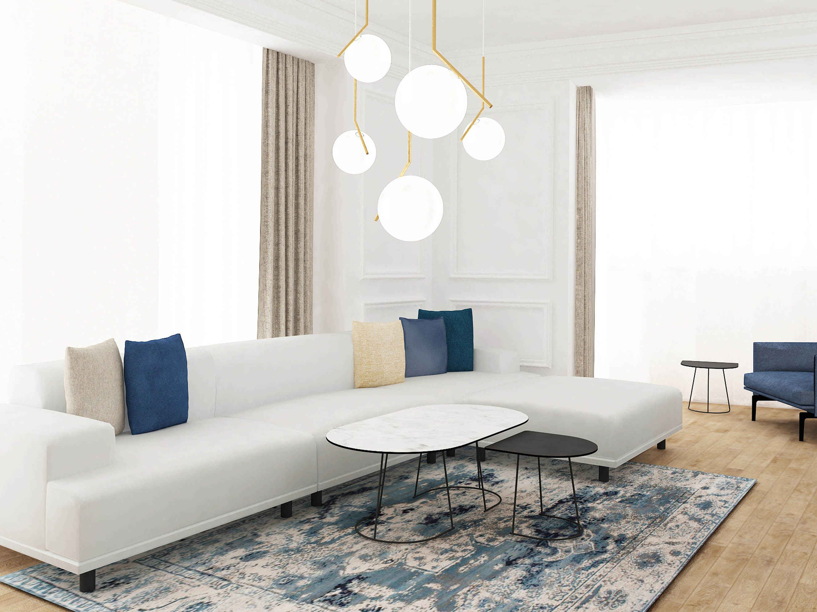 Contemporary Living Room Luxury interior of a living room in neutral colors with blue details