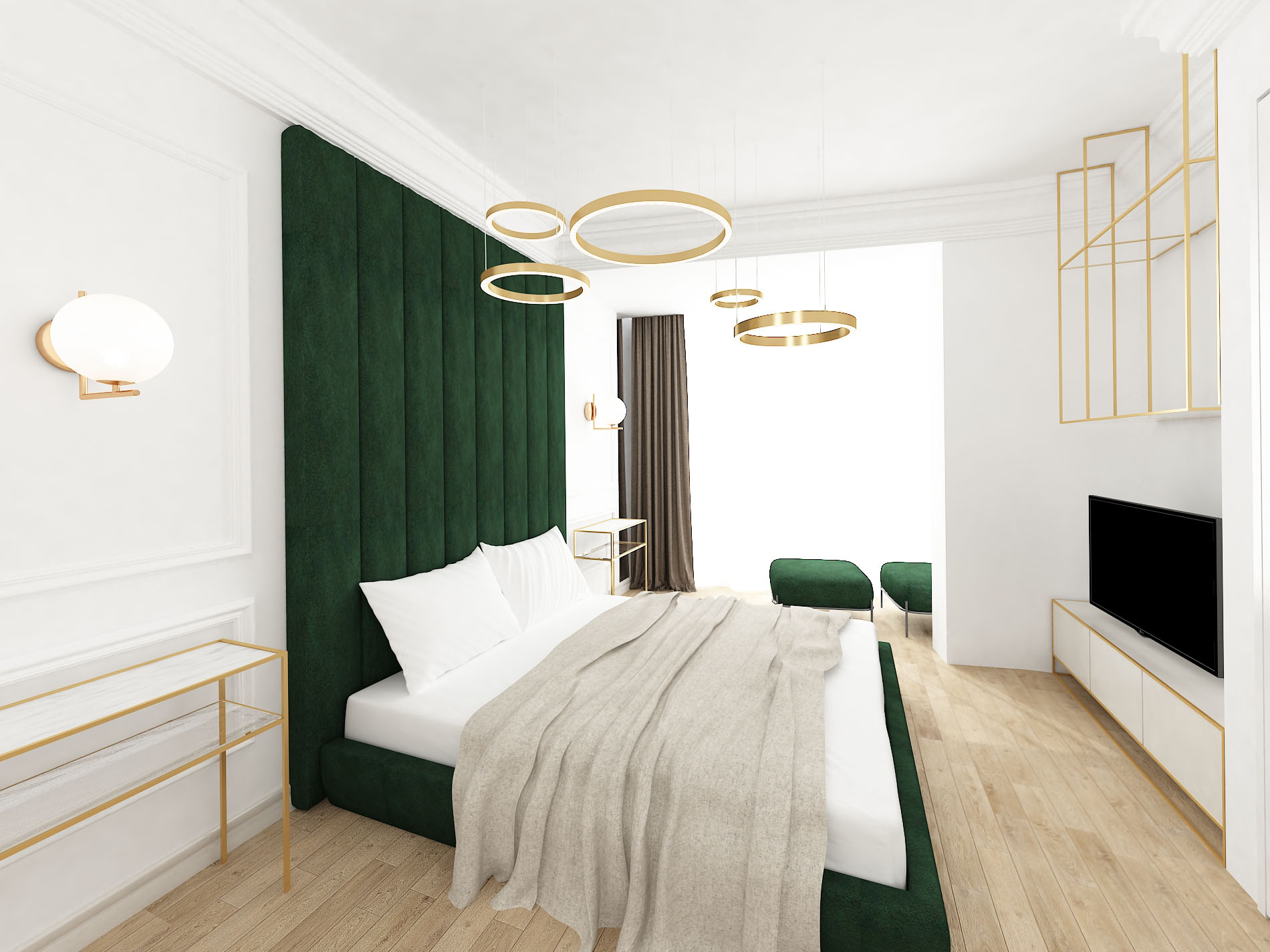 Contemporary bedroom with classical elements and details in dark green and gold.