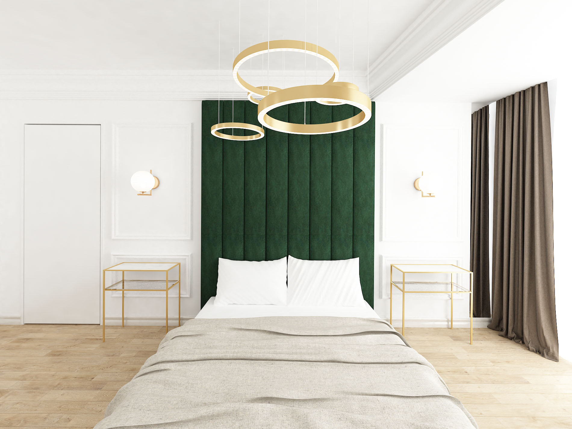 Contemporary bedroom with classical elements and details in dark green and gold.