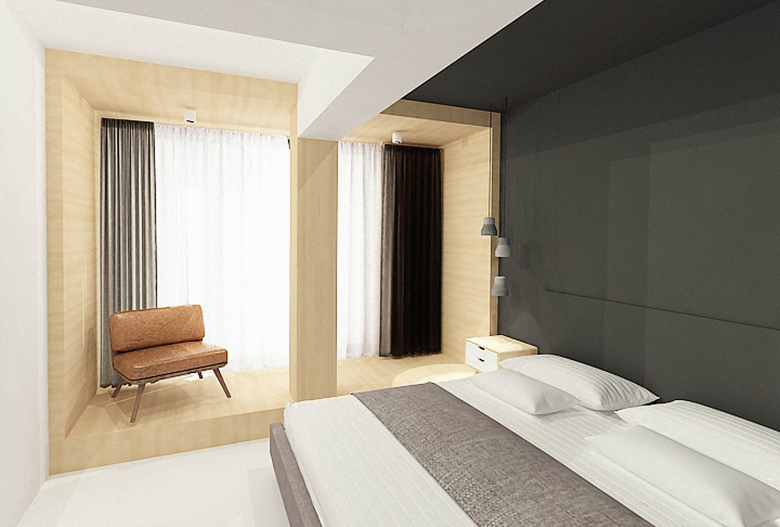 Modern Minimalist Bedroom Modern minimalist grey bedroom with wooden walls and hanging concrete lamps