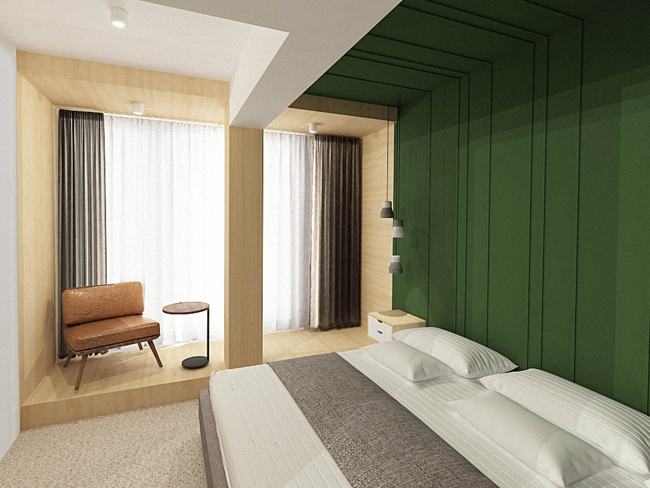 Modern minimalist bedroom with green color block and wooden panel walls