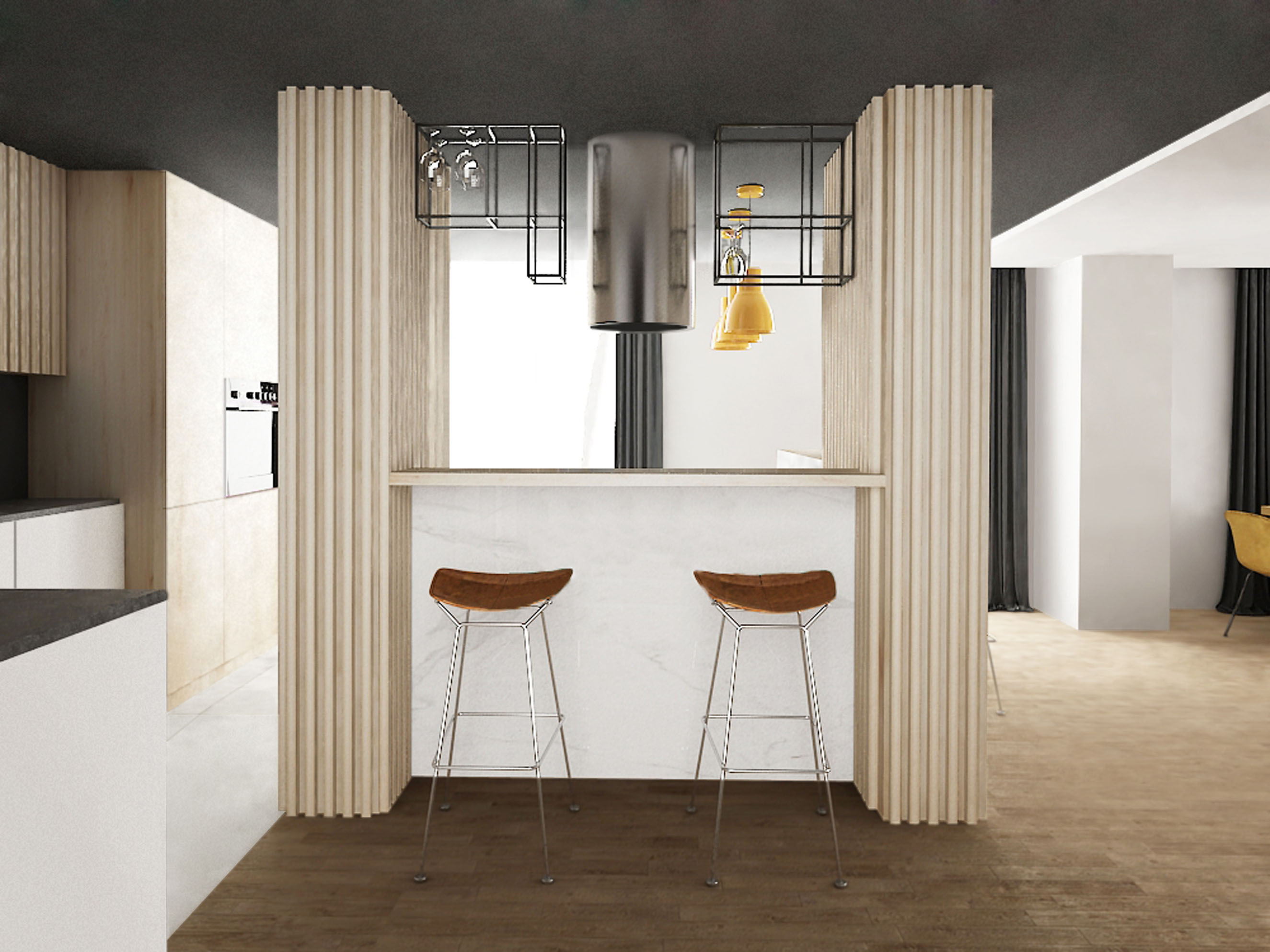 Modern kitchen island with bar stools, wire frame shelves and wooden panels
