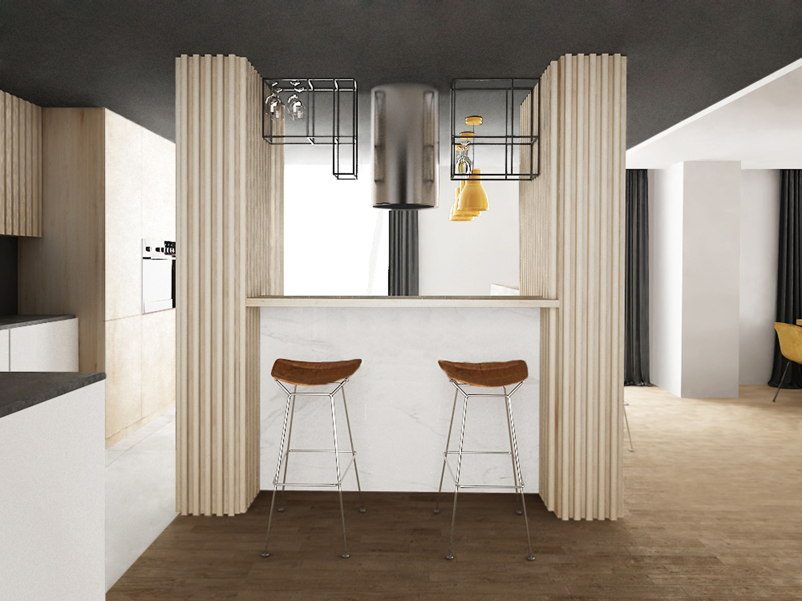 Scandinavian Design Kitchen Island Modern kitchen island with bar stools, wire frame shelves and wooden panels