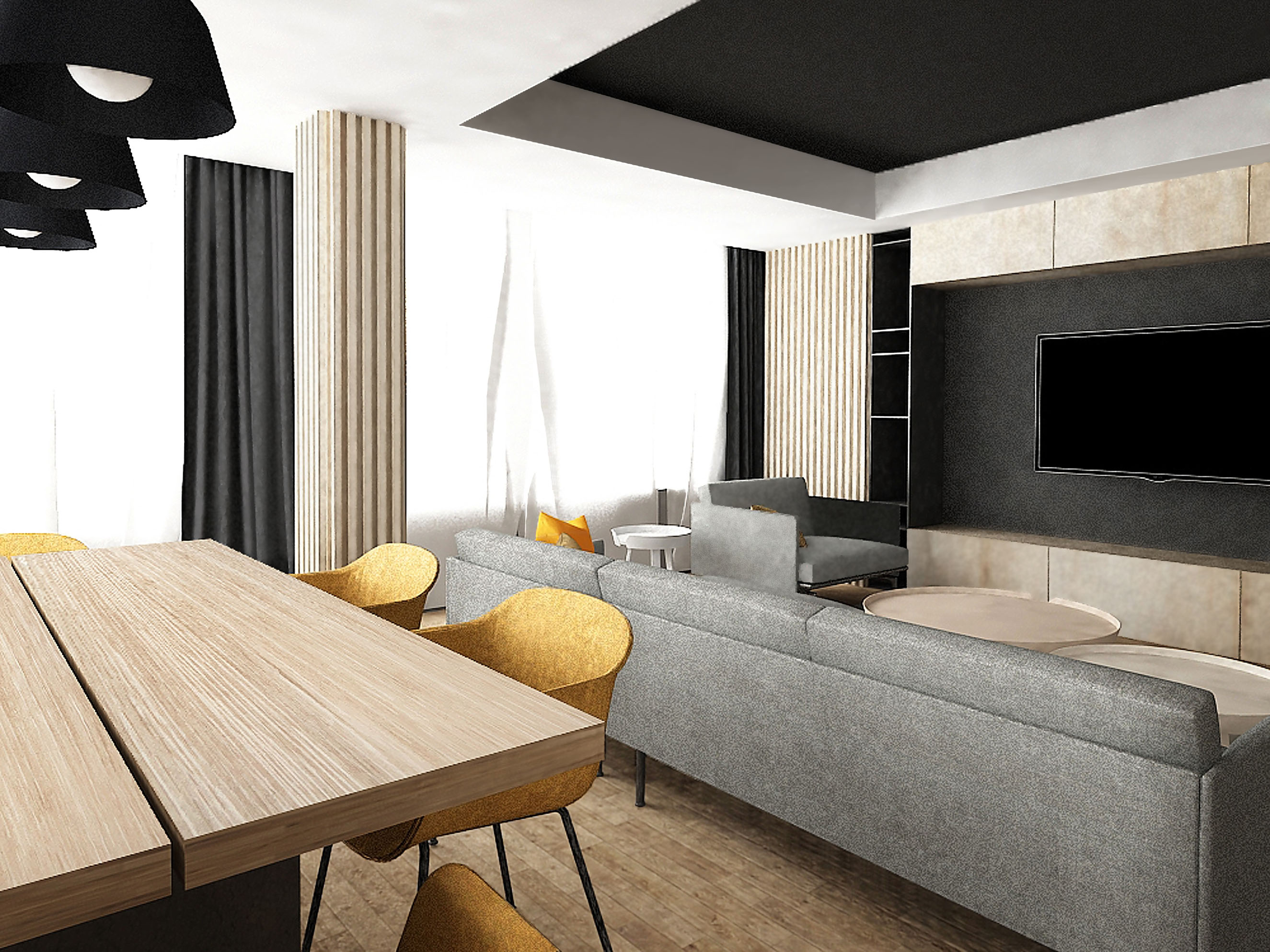 Scandinavian Design Apartment Scandinavian design living and dining room in neutral colors, with wooden details and yellow accents