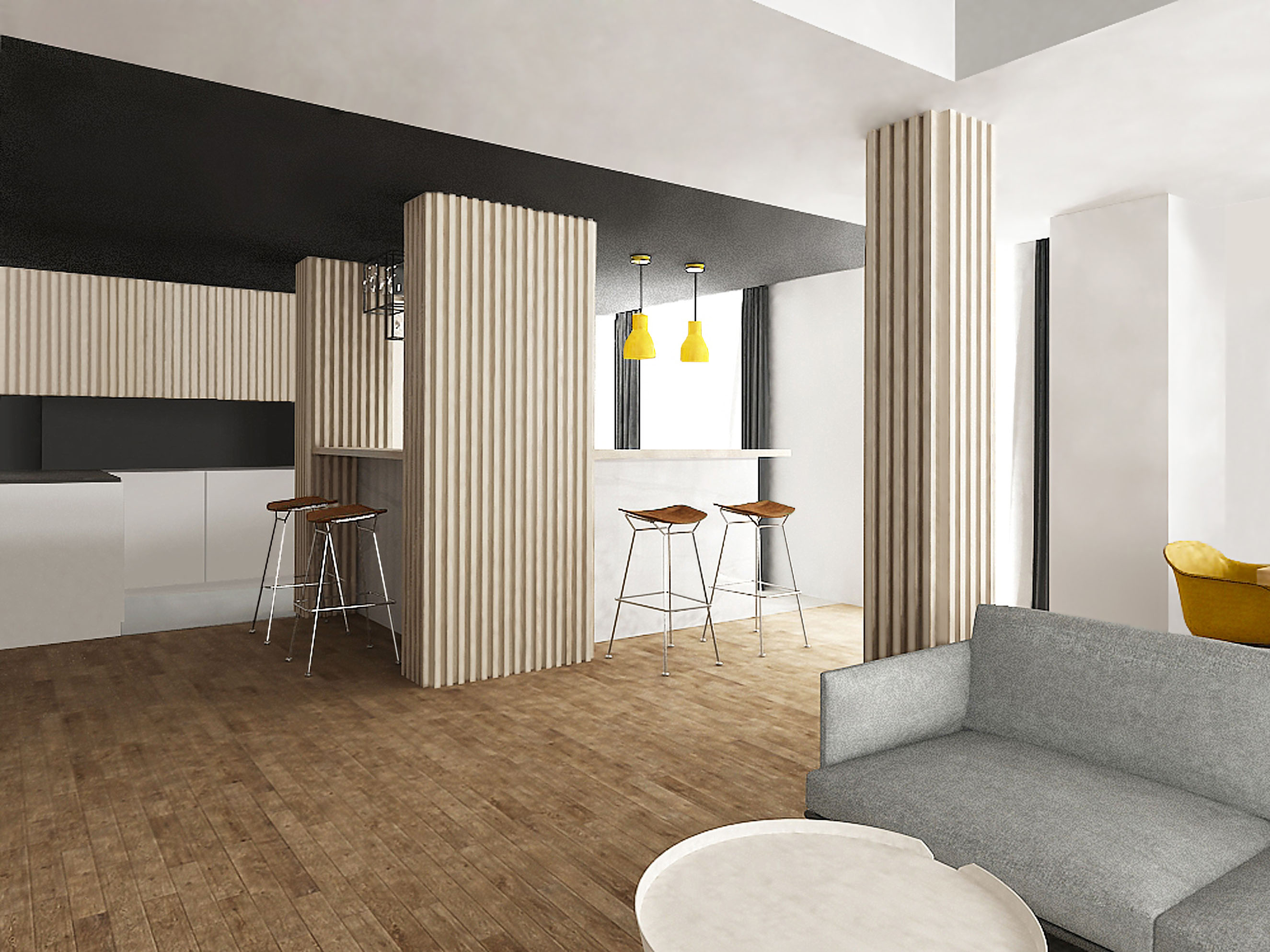 Scandinavian Design Kitchen Modern kitchen with island and bar stools in neutral colors and wooden details