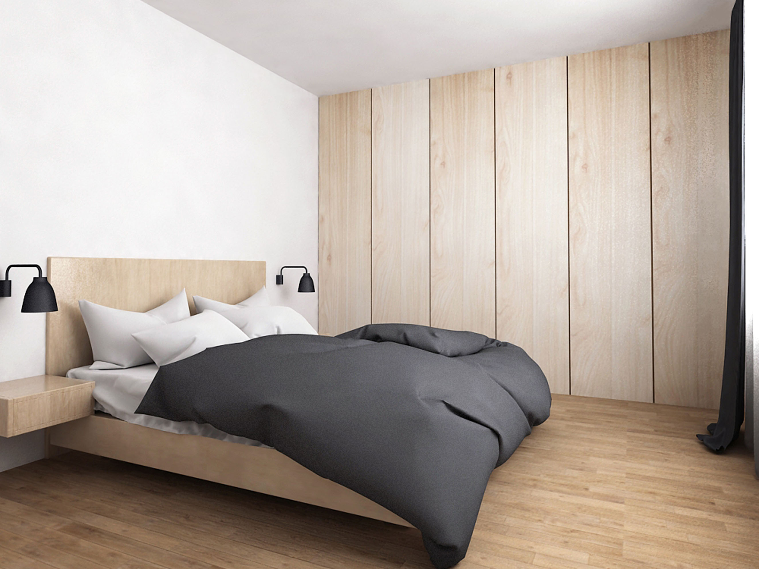 Scandinavian Design Guest Bedroom Simple monochrome bedroom in grey and wooden furniture in Scandinavian style
