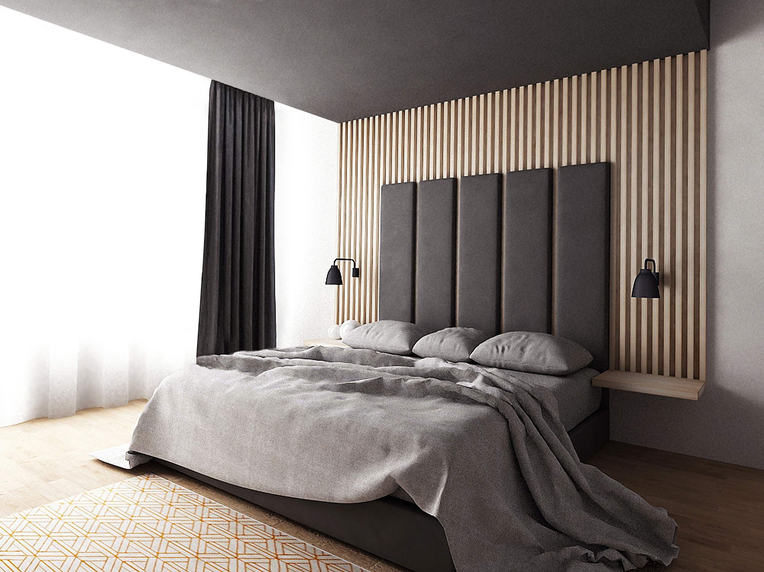 Neutral master bedroom in grey and wood paneling 